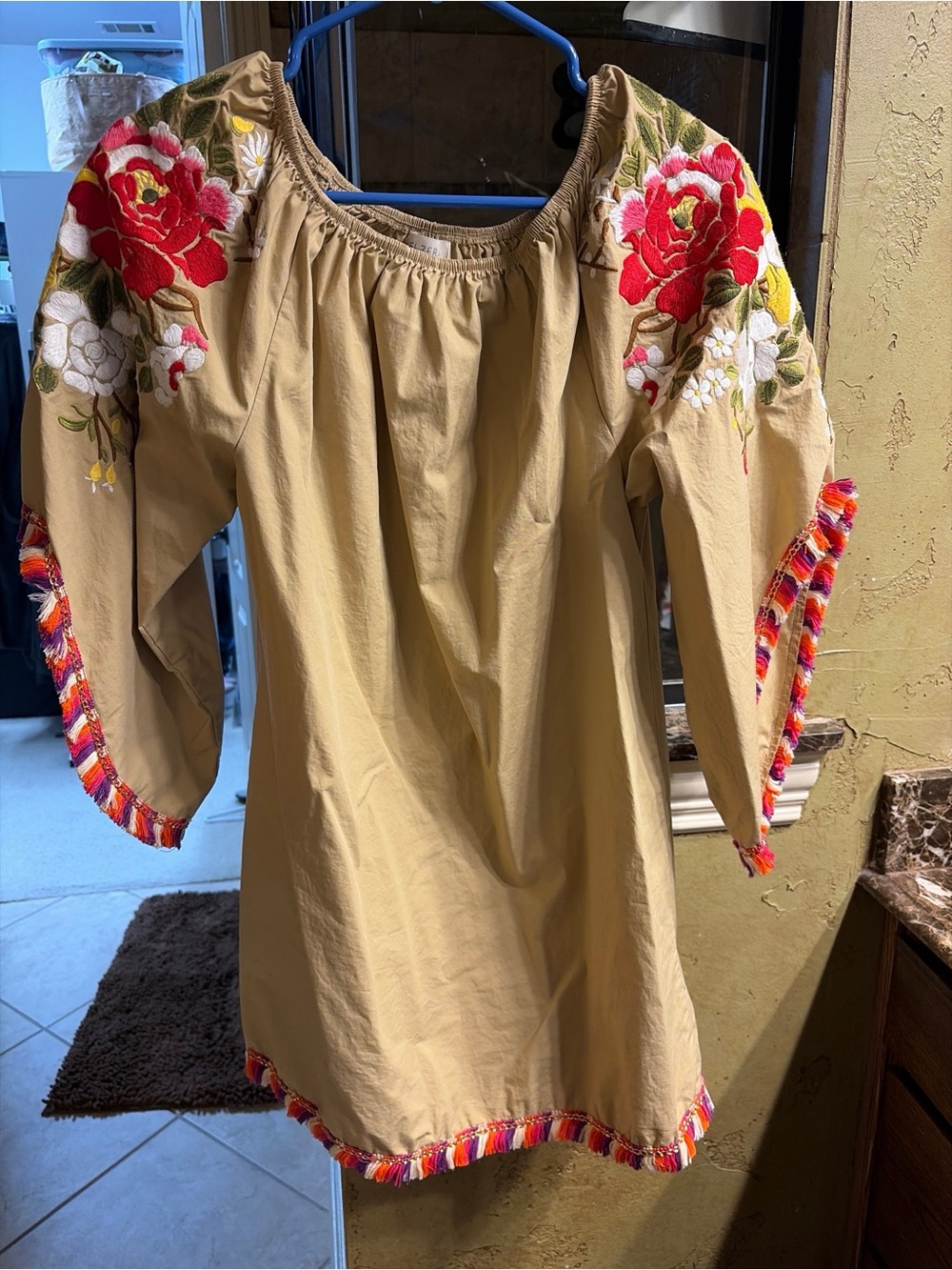 Velzera Boho Tan Dress with Embroidered sleeves and colorful fringe